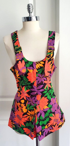 Vintage 70s Juniorite Romper Black DayGlo Mod Flower Power USA Made Falcon Zip S
