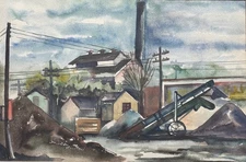 Vintage Architectural Landscape Watercolor Painting Art Lauchner Mid Century 40s