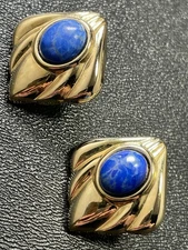 Vintage Blue Lapis Lazuli Gemstone Gold Tone Anstract 1” Earrings