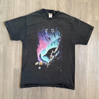 Vintage Wolf Northern Lights Shirt Mens Large Black Graphic Fruit Of The Loom