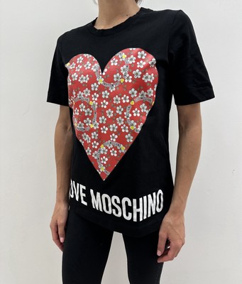 MOSCHINO フラワープリント トップス　EU38 DDP Love Moschino Womens Cotton T-shirt Heart Flowers Print black