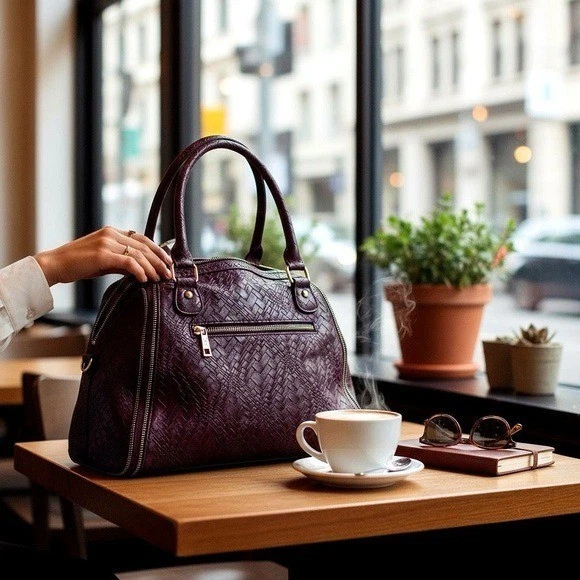 Melie Bianco Burgundy Woven Vegan Leather Satchel Bag Top Handle - Image 2 of 4