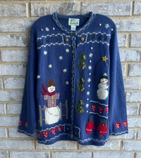 Quacker Factory "Winter Snowman" Long Sleeve Button Up Cardigan Sweater Size M