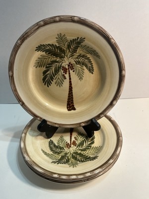 3 Home Trends Palm Tree Design Bread  Plates 8 Inch Stoneware. 1388