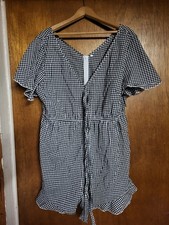 Shein Black And White V-neck Gingham Babydoll Dress With Ruffle Sleeves