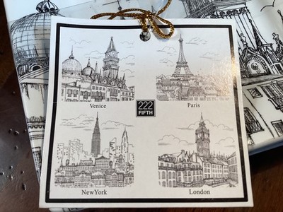 222 Fifth City Scene APPETIZER PLATES 5.5  London Paris Venice NY Set of 4
