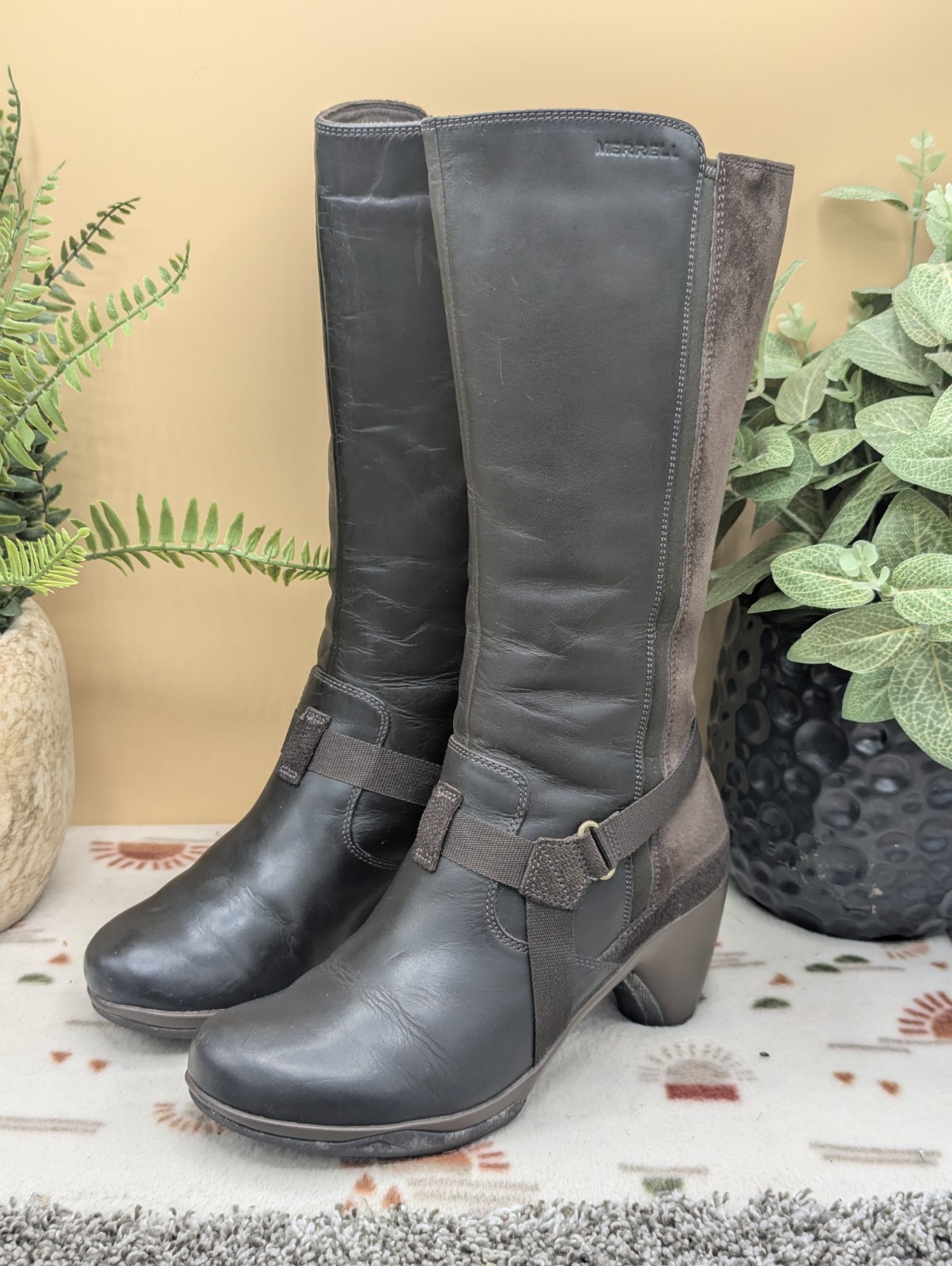 Stivali Merrell Evara Amp Espresso Donna Taglia 6 5 Pelle Marrone e Lt Br Scamosciato