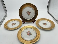 Set of 4 Superior China Bavaria Plates 22 Carat gold Rim Floral Center Embossed