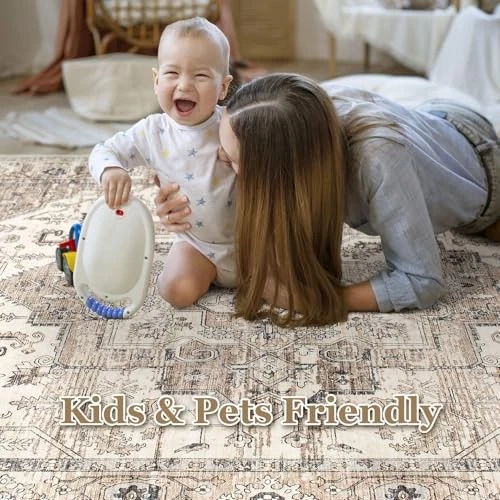 Небольшой моющийся винтажный ковер 9x12 — мягкие традиционные ковры для гостиной большого размера  - Изображение 3 из 4