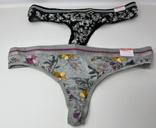 2 NWT Cacique Cotton Thong Size 14/16 Floral Gray Black Wide Waistband