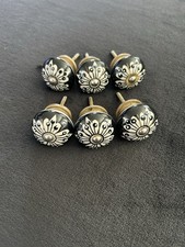 Lot Of 6 Hand Painted Ceramic Drawer Or Cabinet Knob Black White Floral