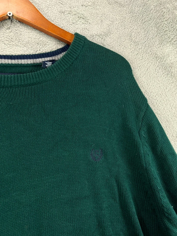 Suéter Pullover CHAPS Para Hombres XL Tejido Verde Cuello Redondo Preppy Azul Marino Cresta Logo Algodón Foto 4 de 4