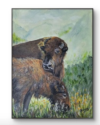 Original Expressive 9 x 12 Bison and Yearling Acrylic on Canvas Painting