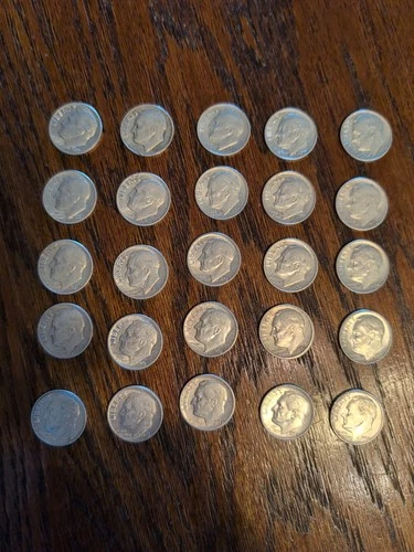 Lot Of 25 Silver Dimes. 1950-1959 Very Fine -Almost Unciculated