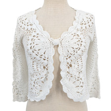 White Beaded Floral Crochet Bolero Sweater Shrug S Crop Cottage Coquette Boho