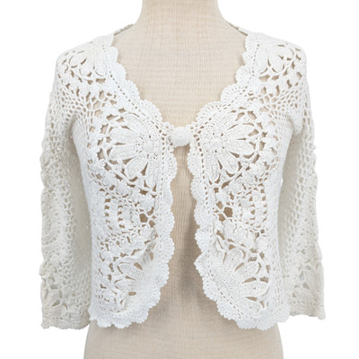 White Beaded Floral Crochet Bolero Sweater Shrug S Crop Cottage Coquette Boho