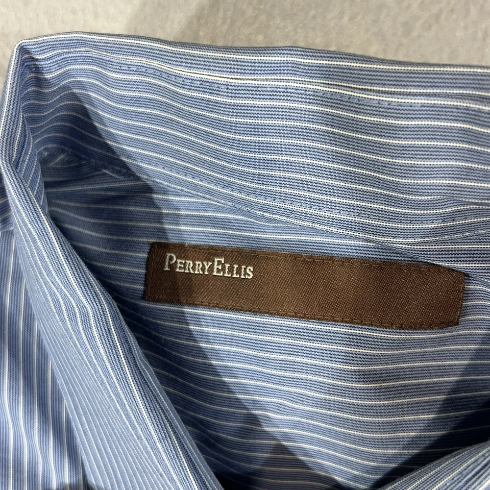 Camisa de vestir Perry Ellis para hombre grande (L) manga larga azul/blanco a rayas con botones Foto 2 de 4