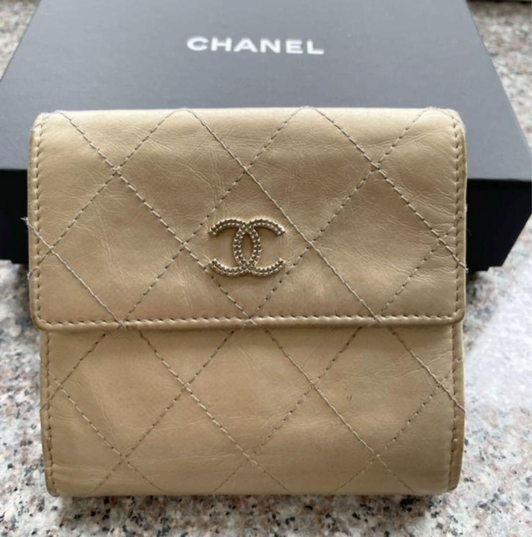 Chanel Champagne Gold Leather Folding Wallet with CC Logo