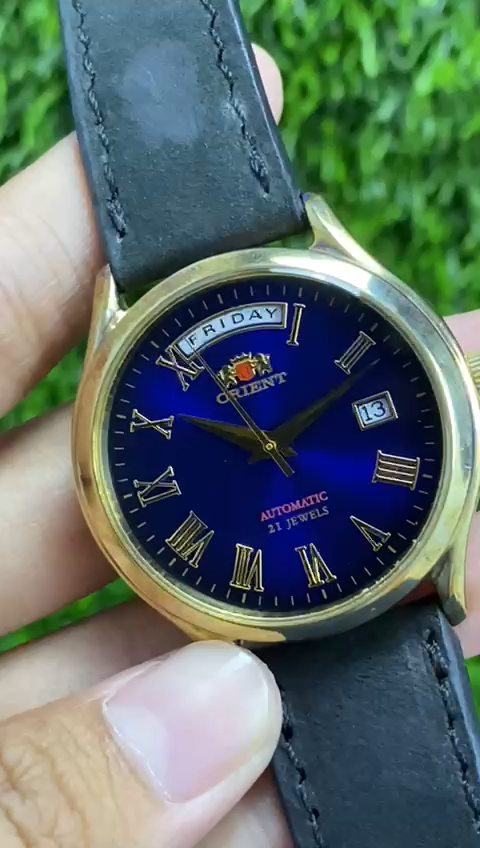 Rare Orient President Day Date Blue Dial Roman Index Automatic 21J