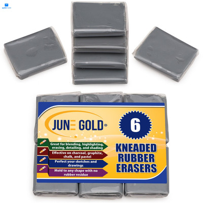 June Gold 6 Gray Kneaded Erasers, Blend, Shade, Smooth, Correct, Medium,