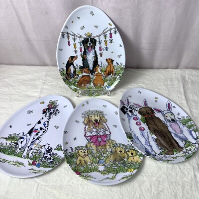 4 Melamine Adorable Easter Dogs/Egg Shaped Plates/ 7 x 9  By Prima Design FUN!