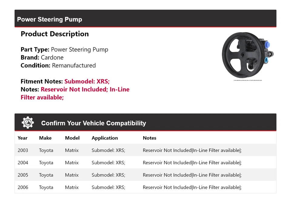 For 2003-2006 Toyota Matrix XRS Power Steering Pump Cardone 2004 2005 - Image 2 of 4