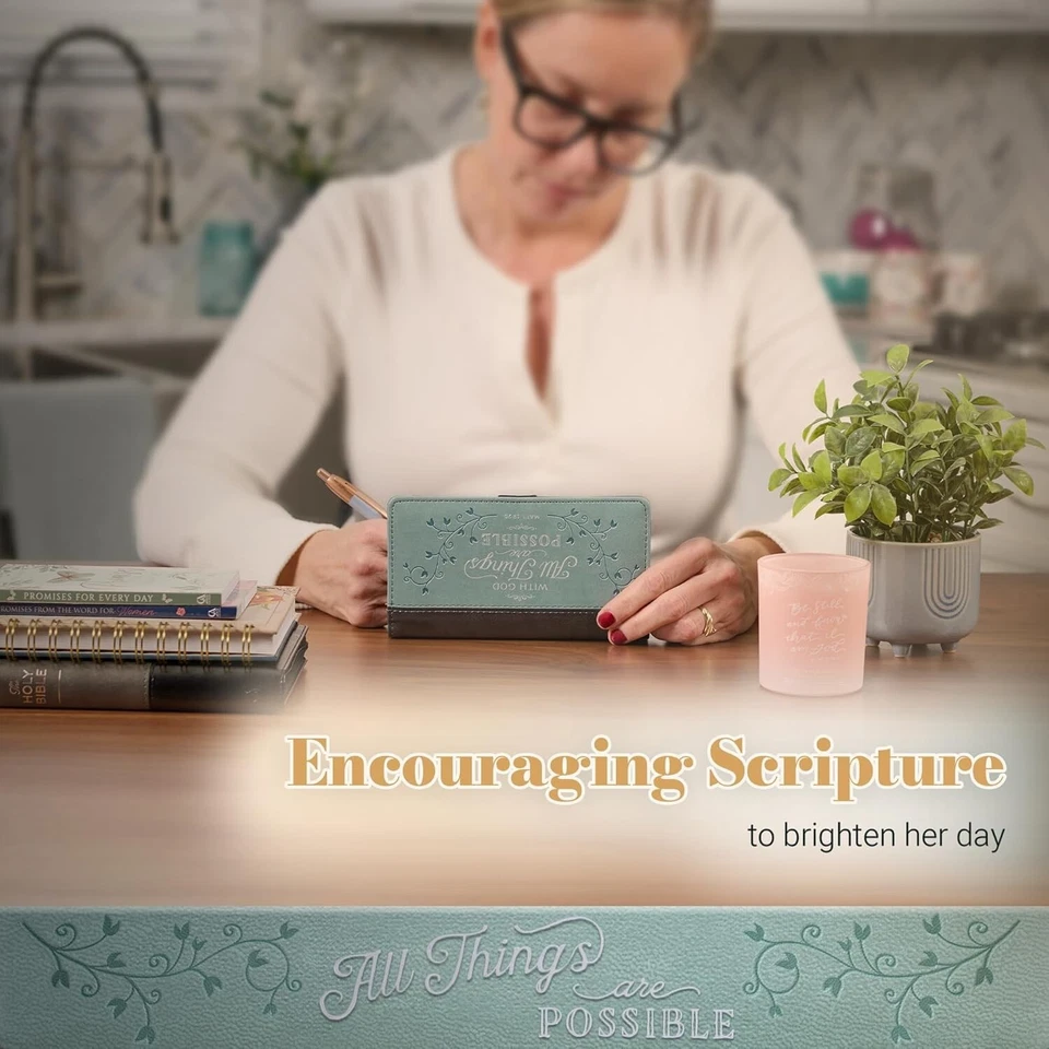 Cubierta de chequera azul inspiradora - Todas las cosas son posibles - delgada y funcional Foto 4 de 4