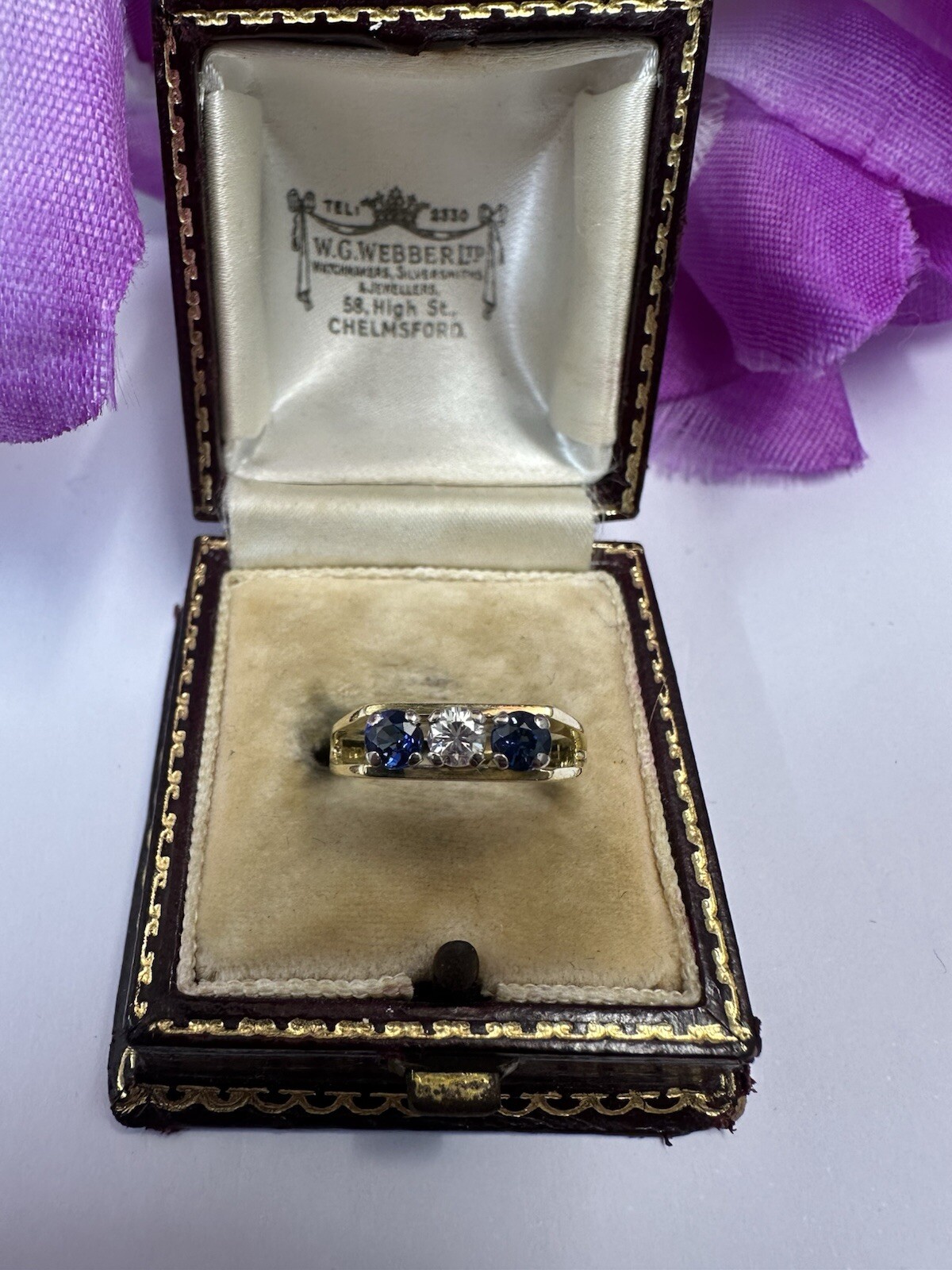 Unusual Sapphire & Diamond 3 Stone Ring In 18k Yellow Gold
