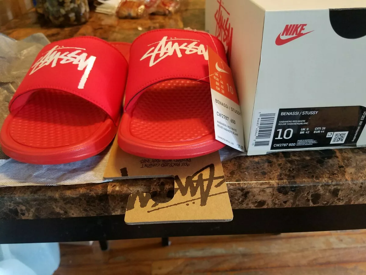 Nike X Stussy Benassi Slide Habanero Red - NEW Size 10