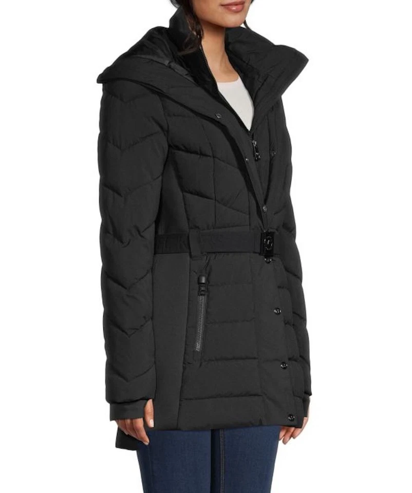 Chaqueta Abrigo Michael Michael Kors Cinturón Puffer Imitación Piel Borde Con Capucha Negra S Foto 2 de 4