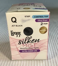 NIP 2 Pairs Jet Black Leggs Silken Mist Ultra Sheer Leg Control Top Pantyhose Q