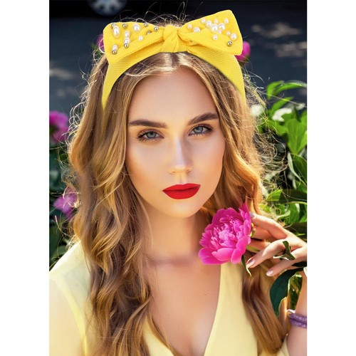 Yellow Bow Headband Pearl Knotted Wide Hair Band for Women Non-Slip Fashion - Picture 4 of 7