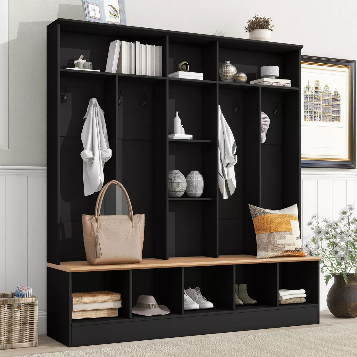 Hall Tree with Cube Storage Shelves Large Entryway Bench with Shoe Organizer