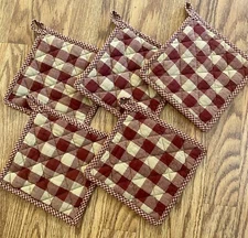 Park Designs Potholders York Burgundy / Tan Check Reversible Farmhouse Set of 5