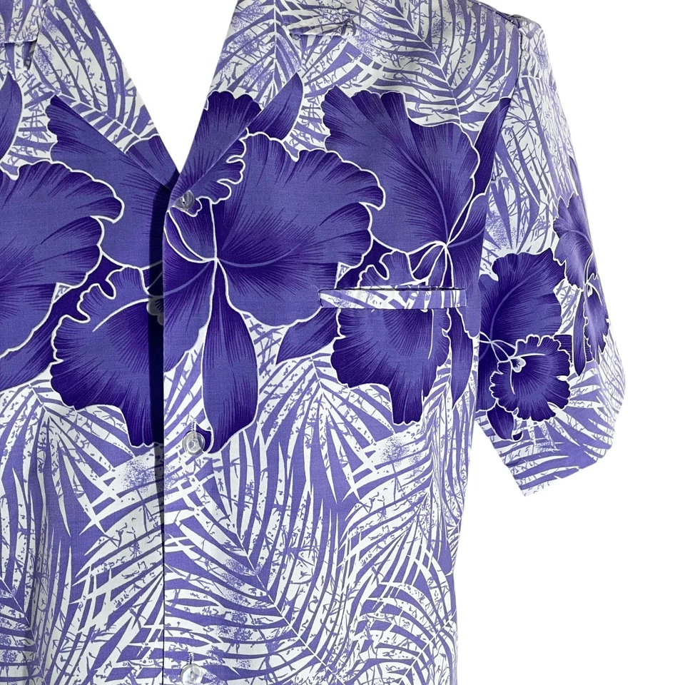 Camisa Hawaiana Vintage Royal Creations Mediana Flores Tropicales Púrpura Blanca Foto 4 de 4