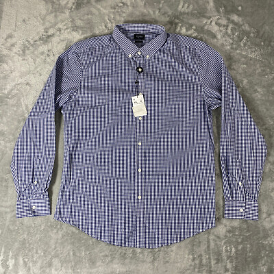 LFTMAN Shirt Mens 2XL Blue Plaid Slim Fit Long Sleeve Button Up Polyester Blend