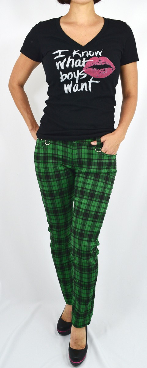 Lost Queen Punk Rock Funky Plaid Check Skinny Pants - Green