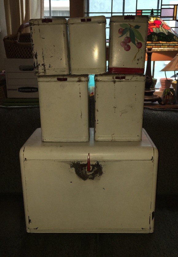 Vintage 30s Kitchen Set 5 Canisters Tin Kreamer Bakelite Knob & Bread Box eBay
