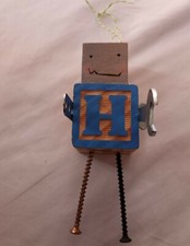 Upcycled Wood Burned ROBOT ornament NURSERY ART LETTER H wall Decor