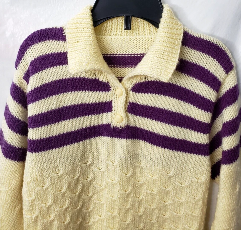 Suéter Polo Vintage Tejido a Mano 8 10 Rugby Manga Larga Púrpura Rayas Preppy Años 80 Foto 3 de 4
