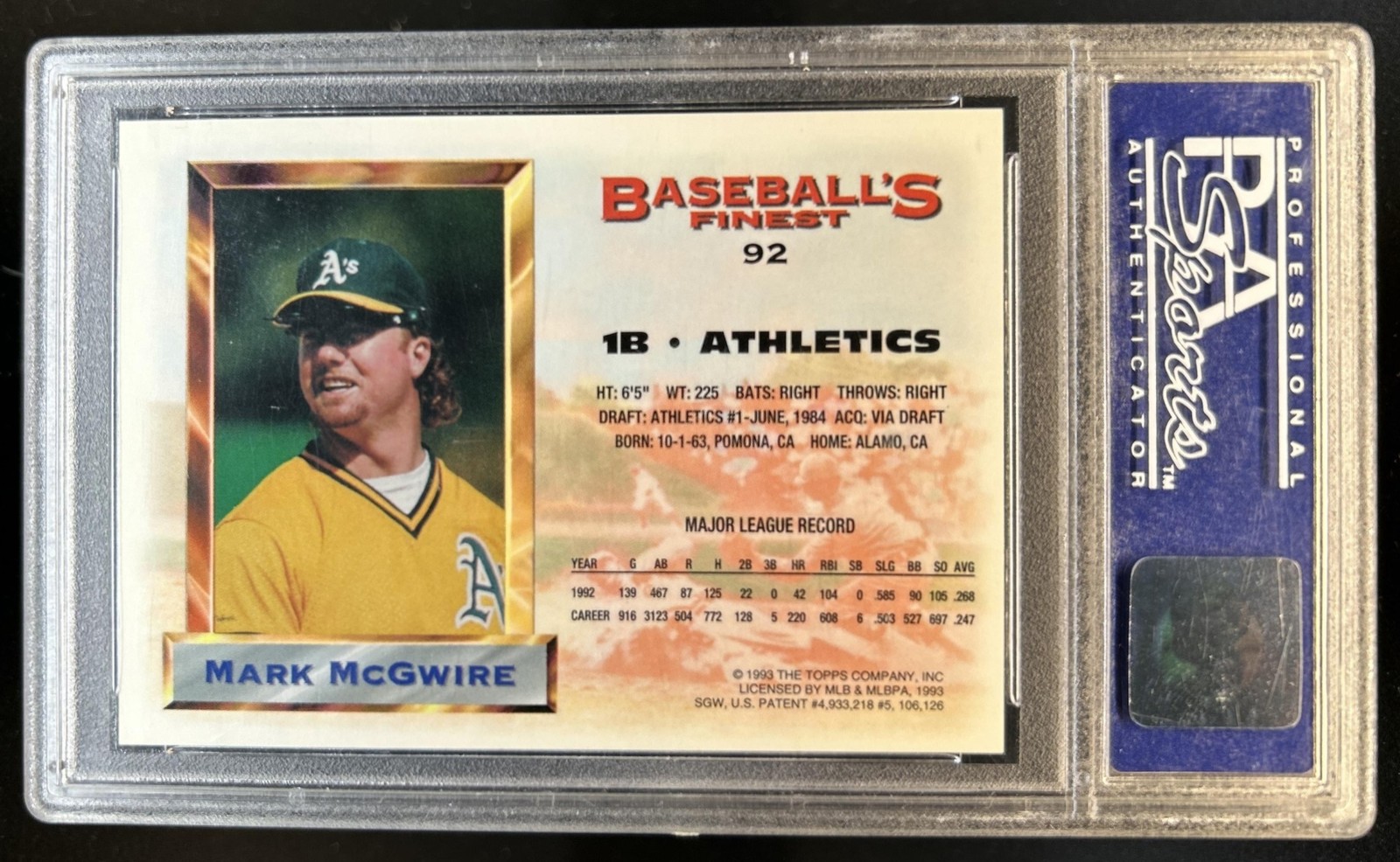 1993 Topps Finest Mark McGwire Refractor #92 Athletics PSA 9 view 2
