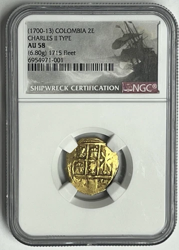 (1700-1713) COLOMBIA 2 ESCUDO CARLOS II NGC AU58 1715 FLEET SHIPWRECK NEW LIST