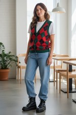 Vintage Pitlochry Scotland Wool Argyle Red Sweater Vest Cardigan M Christmas