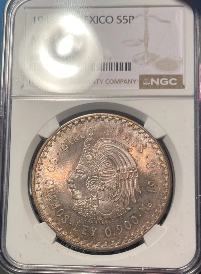 1948 Mo México S5P NGC MS66 Plata 5 Pesos Recién Calificado ¡Súper Color! Foto 2 de 4
