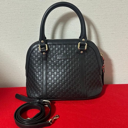 GUCCI 449654 Micro GG Leather Shoulder Bag 2way Crossbody Handbag Black Gold