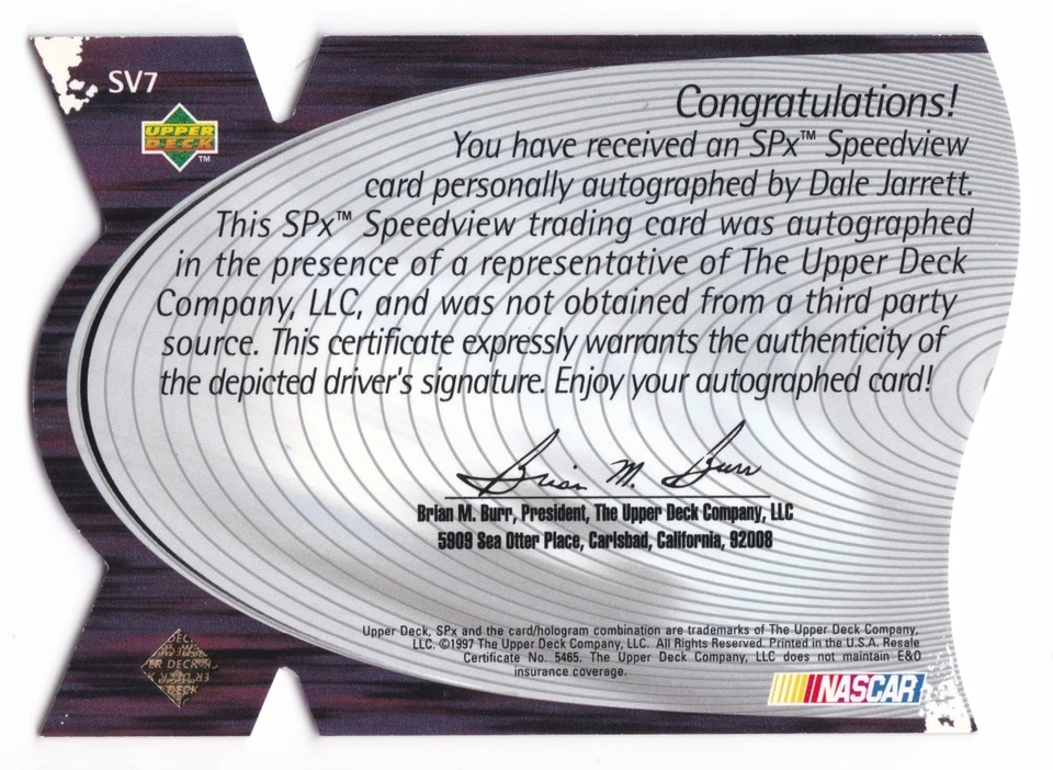 1997 SPx Racing Nascar Dale Jarrett Auto #SV7 SpeedView Die-Cut Autographs RARE - Image 2 of 2