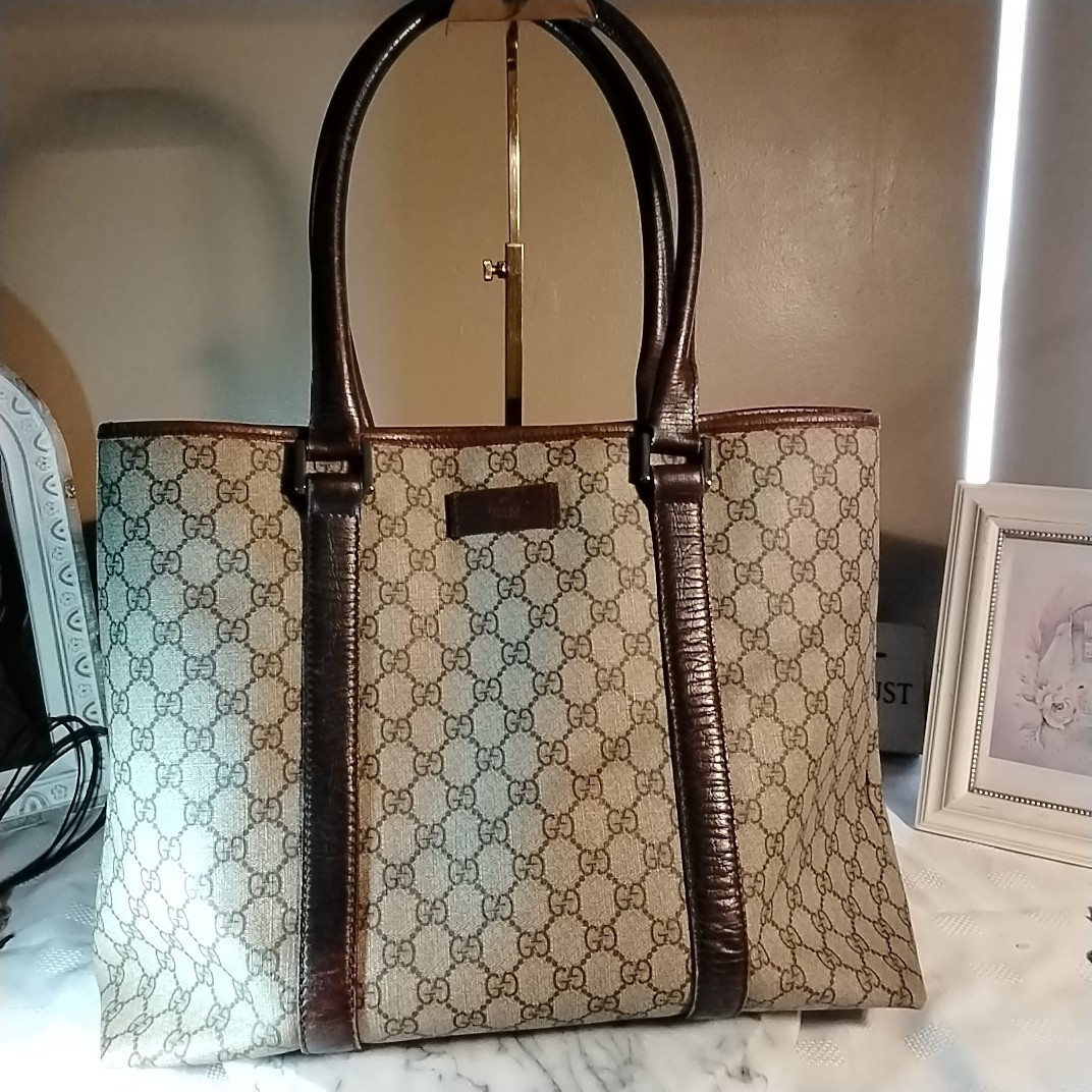 Gucci GG Supreme Joy Tote Bag in Brown Beige Canvas & Leather with COA