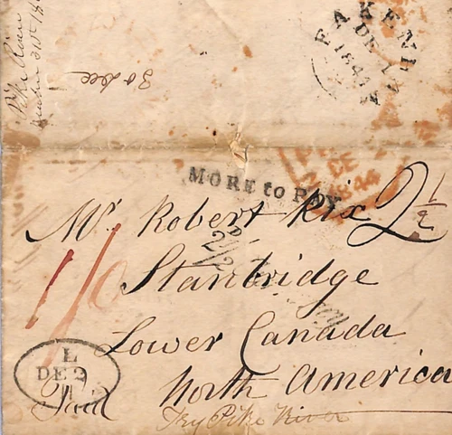GB/CANADA TRANSATLANTIC Cover Quebec Stanbridge Kent Fakenham EL 1844 WD313