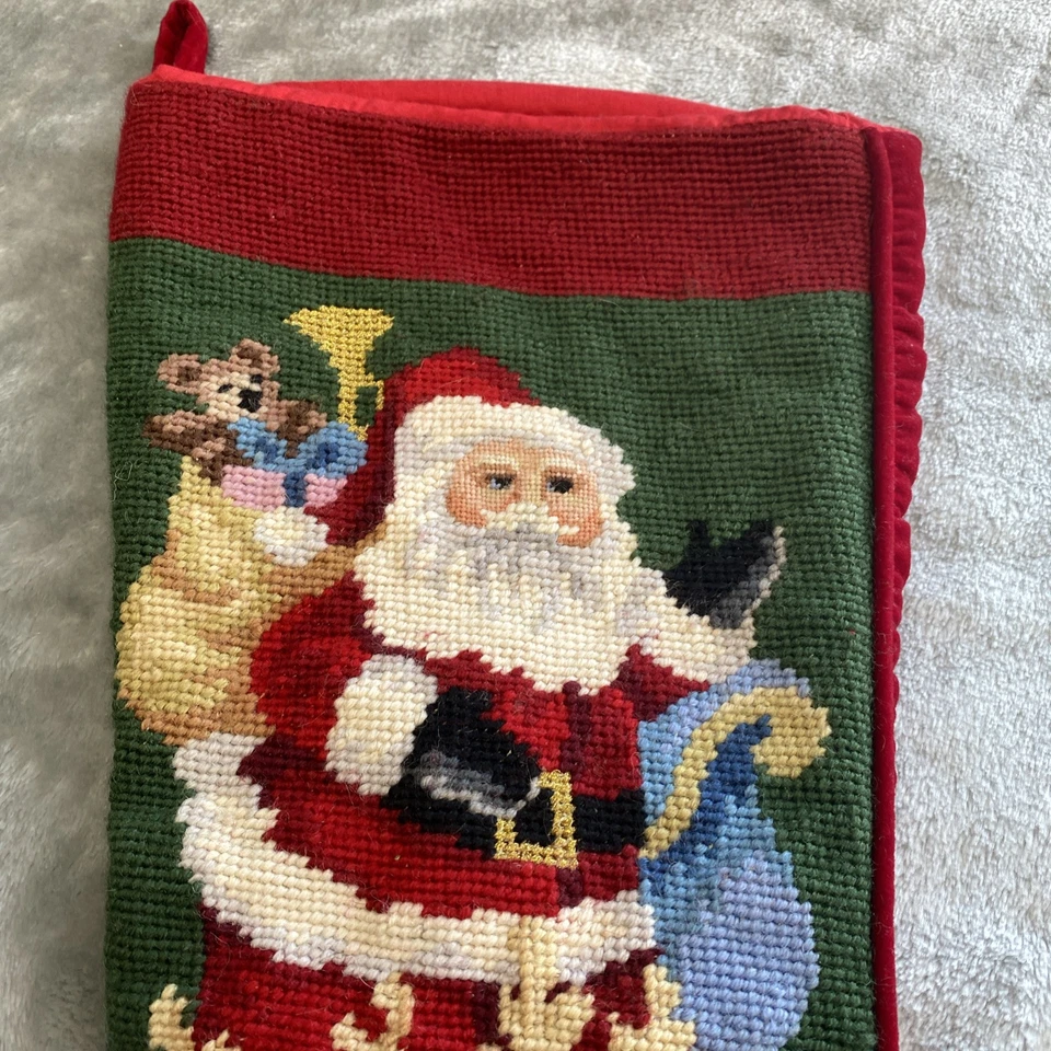 Needlepoint By Hand Christmas Stocking Wool Velvet Santa Reindeer Embroider EUC - Изображение 4 из 4