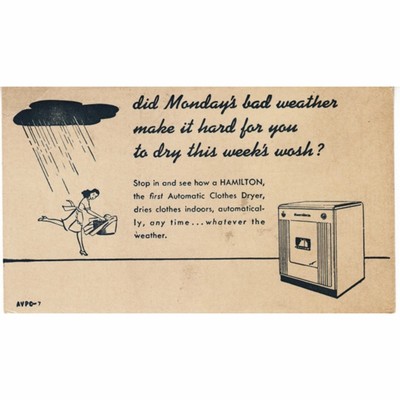 Advertising Postcard For The New Hamilton Clothes Dryer 5.5 x 3'' W/ Postage 